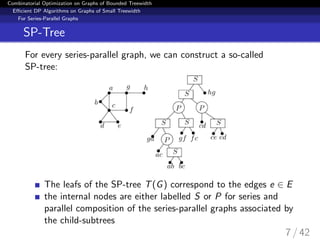 Combinatorial Optimization on Graphs of Bounded Treewidth
Eﬃcient DP Algorithms on Graphs of Small Treewidth
For Series-Parallel Graphs
SP-Tree
For every series-parallel graph, we can construct a so-called
SP-tree:
The leafs of the SP-tree T(G) correspond to the edges e ∈ E
the internal nodes are either labelled S or P for series and
parallel composition of the series-parallel graphs associated by
the child-subtrees
7 / 42
 