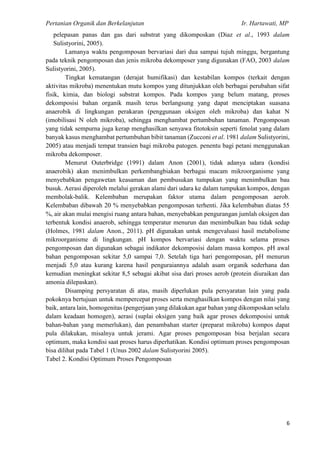 Pertanian Organik dan Berkelanjutan Ir. Hartawati, MP
6
pelepasan panas dan gas dari substrat yang dikomposkan (Diaz et al., 1993 dalam
Sulistyorini, 2005).
Lamanya waktu pengomposan bervariasi dari dua sampai tujuh minggu, bergantung
pada teknik pengomposan dan jenis mikroba dekomposer yang digunakan (FAO, 2003 dalam
Sulistyorini, 2005).
Tingkat kematangan (derajat humifikasi) dan kestabilan kompos (terkait dengan
aktivitas mikroba) menentukan mutu kompos yang ditunjukkan oleh berbagai perubahan sifat
fisik, kimia, dan biologi substrat kompos. Pada kompos yang belum matang, proses
dekomposisi bahan organik masih terus berlangsung yang dapat menciptakan suasana
anaerobik di lingkungan perakaran (penggunaan oksigen oleh mikroba) dan kahat N
(imobilisasi N oleh mikroba), sehingga menghambat pertumbuhan tanaman. Pengomposan
yang tidak sempurna juga kerap menghasilkan senyawa fitotoksin seperti fenolat yang dalam
banyak kasus menghambat pertumbuhan bibit tanaman (Zucconi et al. 1981 dalam Sulistyorini,
2005) atau menjadi tempat transien bagi mikroba patogen. penentu bagi petani menggunakan
mikroba dekomposer.
Menurut Outerbridge (1991) dalam Anon (2001), tidak adanya udara (kondisi
anaerobik) akan menimbulkan perkembangbiakan berbagai macam mikroorganisme yang
menyebabkan pengawetan keasaman dan pembusukan tumpukan yang menimbulkan bau
busuk. Aerasi diperoleh melalui gerakan alami dari udara ke dalam tumpukan kompos, dengan
membolak-balik. Kelembaban merupakan faktor utama dalam pengomposan aerob.
Kelembaban dibawah 20 % menyebabkan pengomposan terhenti. Jika kelembaban diatas 55
%, air akan mulai mengisi ruang antara bahan, menyebabkan pengurangan jumlah oksigen dan
terbentuk kondisi anaerob, sehingga temperatur menurun dan menimbulkan bau tidak sedap
(Holmes, 1981 dalam Anon., 2011). pH digunakan untuk mengevaluasi hasil metabolisme
mikroorganisme di lingkungan. pH kompos bervariasi dengan waktu selama proses
pengomposan dan digunakan sebagai indikator dekomposisi dalam massa kompos. pH awal
bahan pengomposan sekitar 5,0 sampai 7,0. Setelah tiga hari pengomposan, pH menurun
menjadi 5,0 atau kurang karena hasil penguraiannya adalah asam organik sederhana dan
kemudian meningkat sekitar 8,5 sebagai akibat sisa dari proses aerob (protein diuraikan dan
amonia dilepaskan).
Disamping persyaratan di atas, masih diperlukan pula persyaratan lain yang pada
pokoknya bertujuan untuk mempercepat proses serta menghasilkan kompos dengan nilai yang
baik, antara lain, homogenitas (pengerjaan yang dilakukan agar bahan yang dikomposkan selalu
dalam keadaan homogen), aerasi (suplai oksigen yang baik agar proses dekomposisi untuk
bahan-bahan yang memerlukan), dan penambahan starter (preparat mikroba) kompos dapat
pula dilakukan, misalnya untuk jerami. Agar proses pengomposan bisa berjalan secara
optimum, maka kondisi saat proses harus diperhatikan. Kondisi optimum proses pengomposan
bisa dilihat pada Tabel 1 (Unus 2002 dalam Sulistyorini 2005).
Tabel 2. Kondisi Optimum Proses Pengomposan
 
