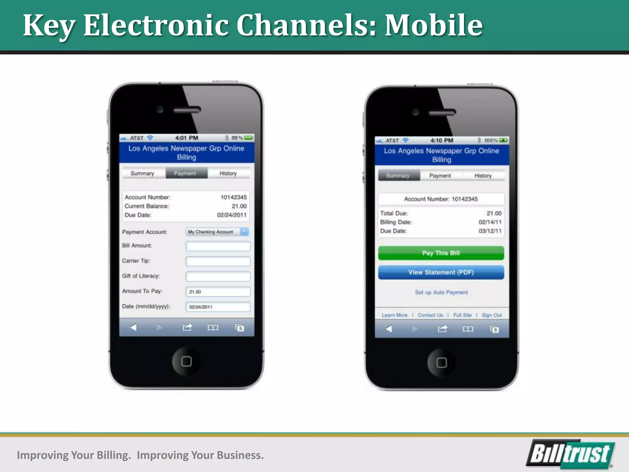 Key Electronic Channels: Mobile




Improving Your Billing. Improving Your Business.
 