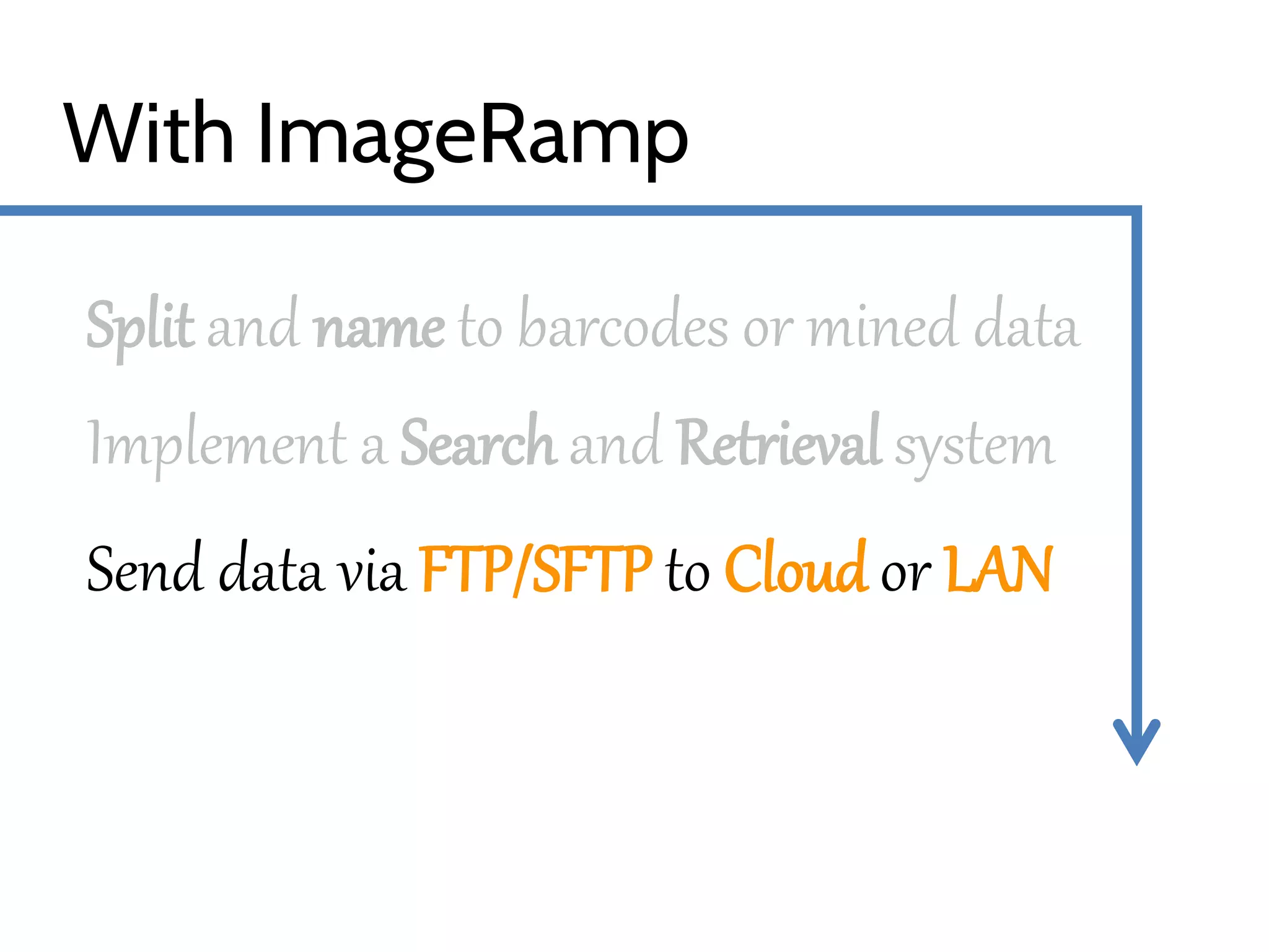 With ImageRamp
Split and name to barcodes or mined data
Implement a Search and Retrieval system
Send data via FTP/SFTP to Cloud or LAN
Integrate with existing Document
Management or EMR System

 