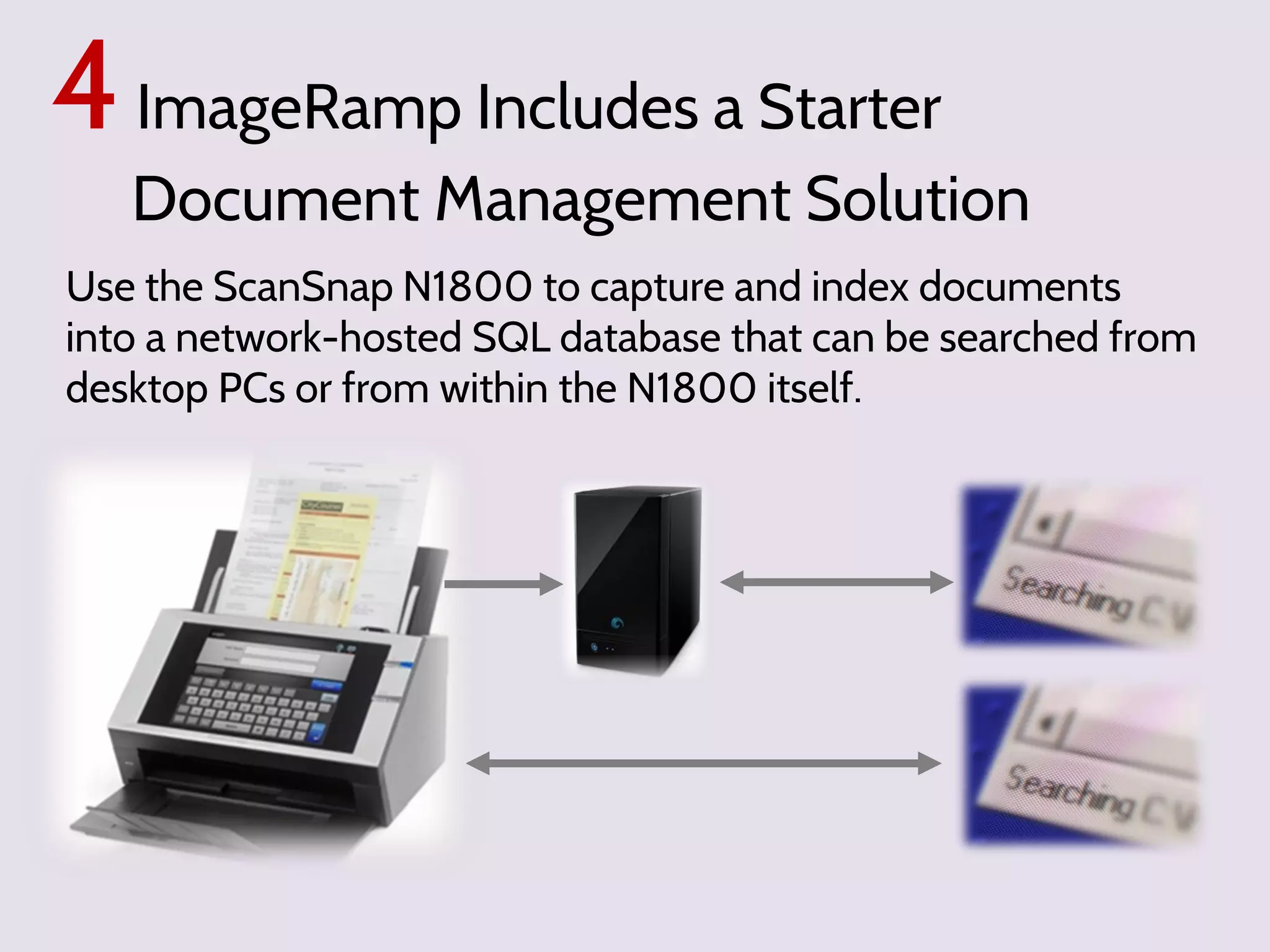 4 ImageRamp Includes a Starter

Document Management Solution

Use the ScanSnap N1800 to capture and index documents
into a network-hosted SQL database that can be searched from
desktop PCs or from within the N1800 itself.

 