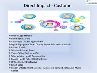 Direct Impact - Customer




 Online Appointments
 Reminders & Alerts
 Automated Dispensing Machines
 Digital Signage’s – Token Display, Patient Education materials
 Patient Portals
 Wireless Internet Access
 Video Calling Devices in ICU
 Telemedicine Health Communities
 Mobile Health Patient Health Records
 Online Payment Gateways
 Smart Cards
 Patient Entertainment Systems - Movies-on-Demand, Television, Music,
  Games
 
