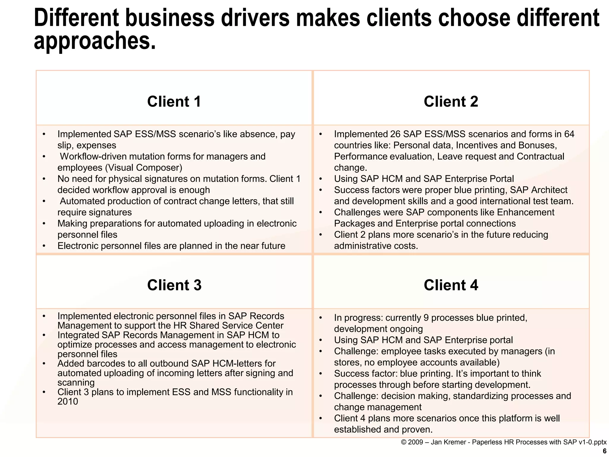 Different business drivers makes clients choose different
approaches.

                          Client 1                                                           Client 2

•   Implemented SAP ESS/MSS scenario’s like absence, pay           •   Implemented 26 SAP ESS/MSS scenarios and forms in 64
    slip, expenses                                                     countries like: Personal data, Incentives and Bonuses,
•    Workflow-driven mutation forms for managers and                   Performance evaluation, Leave request and Contractual
    employees (Visual Composer)                                        change.
•   No need for physical signatures on mutation forms. Client 1    •   Using SAP HCM and SAP Enterprise Portal
    decided workflow approval is enough                            •   Success factors were proper blue printing, SAP Architect
•    Automated production of contract change letters, that still       and development skills and a good international test team.
    require signatures                                             •   Challenges were SAP components like Enhancement
•   Making preparations for automated uploading in electronic          Packages and Enterprise portal connections
    personnel files                                                •   Client 2 plans more scenario’s in the future reducing
•   Electronic personnel files are planned in the near future          administrative costs.



                          Client 3                                                           Client 4
•   Implemented electronic personnel files in SAP Records          •   In progress: currently 9 processes blue printed,
    Management to support the HR Shared Service Center                 development ongoing
•   Integrated SAP Records Management in SAP HCM to
    optimize processes and access management to electronic         •   Using SAP HCM and SAP Enterprise portal
    personnel files                                                •   Challenge: employee tasks executed by managers (in
•   Added barcodes to all outbound SAP HCM-letters for                 stores, no employee accounts available)
    automated uploading of incoming letters after signing and      •   Success factor: blue printing. It’s important to think
    scanning                                                           processes through before starting development.
•   Client 3 plans to implement ESS and MSS functionality in       •   Challenge: decision making, standardizing processes and
    2010
                                                                       change management
                                                                   •   Client 4 plans more scenarios once this platform is well
                                                                       established and proven.
                                                                                       © 2009 – Jan Kremer - Paperless HR Processes with SAP v1-0.pptx
                                                                                                                                                     6
 