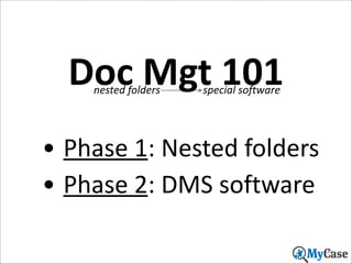 Doc	
  Mgt	
  101
nested	
  folders

special	
  software

• Phase	
  1:	
  Nested	
  folders	
  
• Phase	
  2:	
  DMS	
  software
44

 