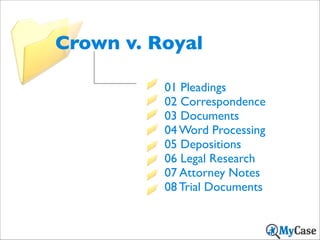 Crown v. Royal
01 Pleadings	

02 Correspondence	

03 Documents	

04 Word Processing	

05 Depositions	

06 Legal Research	

07 Attorney Notes	

08 Trial Documents

 