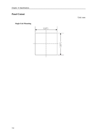 Chapter 14 Specifications
112
Panel Cutout
Unit: mm
Single-Unit Mounting
 