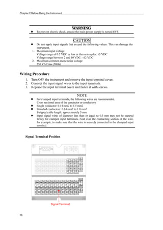 Chapter 2 Before Using the Instrument
16
CAUTION
 Do not apply input signals that exceed the following values. This can damage the
instrument.
1. Maximum input voltage
Voltage range of 0.2 VDC or less or thermocouples: ±5 VDC
Voltage range between 2 and 10 VDC: ±12 VDC
2. Maximum common mode noise voltage
250 VACrms (50Hz)
Wiring Procedure
1. Turn OFF the instrument and remove the input terminal cover.
2. Connect the input signal wires to the input terminals.
3. Replace the input terminal cover and fasten it with screws.
NOTE
 For clamped input terminals, the following wires are recommended.
Cross sectional area of the conductor or conductors
 Single conductor: 0.14 mm2 to 1.5 mm2
 Stranded conductors: 0.14 mm2 to 1.0 mm2
Stripped cable length: approximately 5 mm
 Input signal wires of diameter less than or equal to 0.3 mm may not be secured
firmly for clamped input terminals. Fold over the conducting section of the wire,
for example, to make sure that the wire is securely connected to the clamped input
terminal.
Signal Terminal Position
Signal Terminal
WARNING
 To prevent electric shock, ensure the main power supply is turned OFF.
 