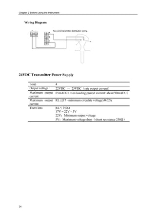 Chapter 2 Before Using the Instrument
24
Wiring Diagram
+ -
A
C
B
+
-
Two wire transmitter distribution wiring
24VDC Transmitter Power Supply
Loop 4
Output voltage 22VDC ～ 25VDC（rate output current）
Maximum output
current
65mADC（over-loading protect current: about 90mADC）
Maximum output
current
RL ≤(17 –minimum circulate voltage)/0.02A
There into RL ≤ 750Ω
17V = 22V – 5V
22V：Minimum output voltage
5V：Maximum voltage drop（shunt resistance 250Ω）
 