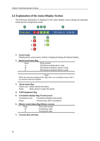 Chapter 4 Switching Operation Screens
36
4.2 Explanation of the status Display Section
The following information is displayed in the status display section during the operation
mode and the configuration mode.
1. Screen name
Displayed the screen name, [Alias] is displayed during all channel display.
2. Board card status flag
None Work normal
A All Interior boards don’t work
B The board in Socket1 doesn’t work
C The board in Socket2 doesn’t work
Note
When the instrument displayed this flag, there was something wrong with it,
you should contact the Supplier.
3. Alarm status flag
Alarm icon: Relay exports the alarm.
None: Relay doesn’t export the alarm.
4. USB Equipment flag
5. Circulation display flag (Trend screen)
Circulation icon： Circulation Display each group
None： Fixed screen, don’t circulation.
6. History trend status flag (History screen)
None Not in this screen
D Continuous state
E Fixed point state
7. Current data and time
 