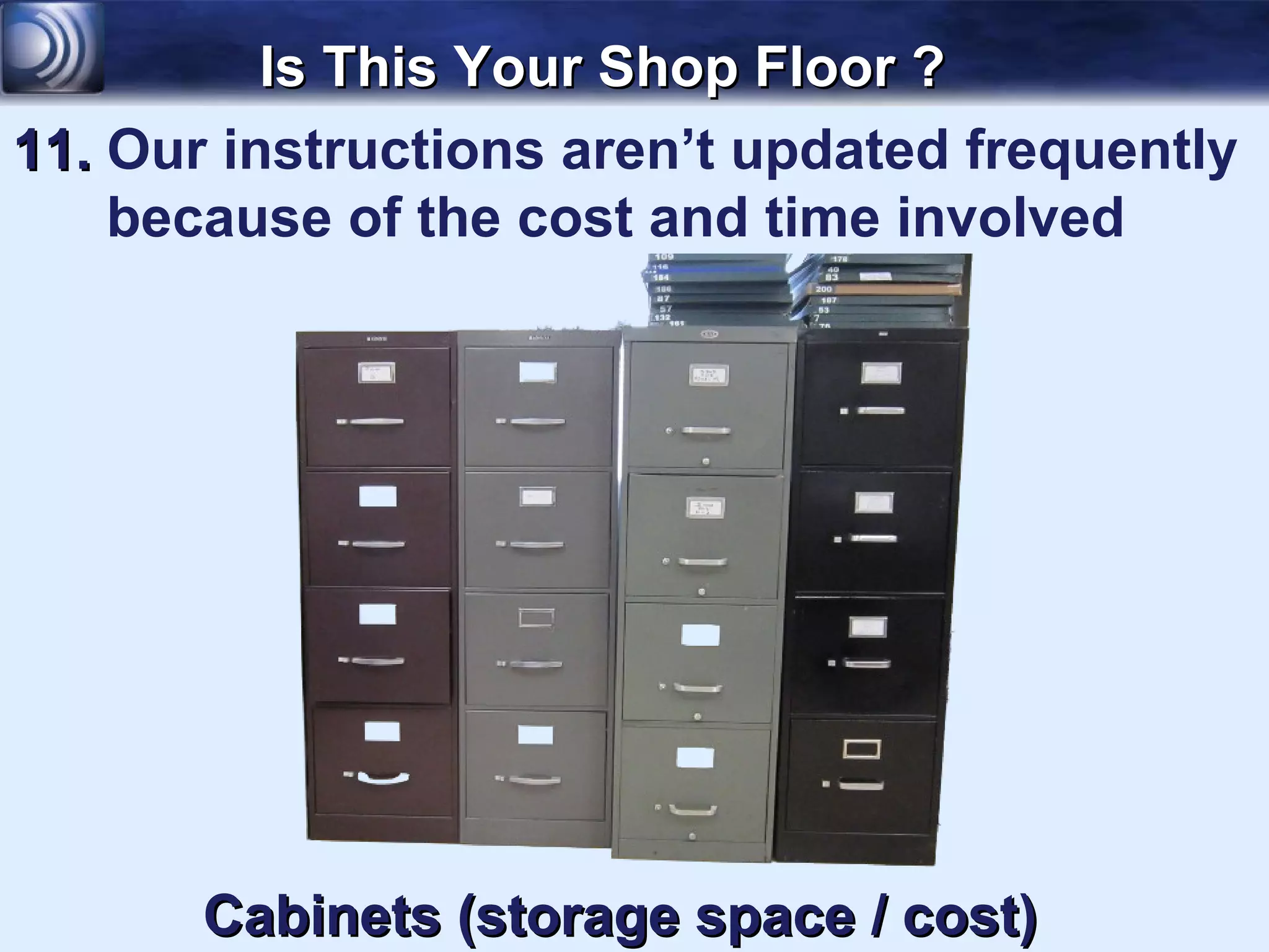 Is This Your Shop Floor ?
11. Our instructions aren’t updated frequently
    because of the cost and time involved




       Cabinets (storage space / cost)
 