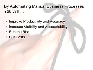 By Automating Manual Business Processes
You Will ...

•   Improve Productivity and Accuracy
•   Increase Visibility and Accountability
•   Reduce Risk
•   Cut Costs
 