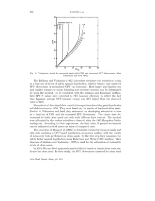 356 E GY ¨ORI et al.
Fig. 3. Volumetric strain for saturated sand with CSR and corrected SPT blow-counts (after
Tokimatsu and Seed 1987)
The Ishihara and Yoshimine (1992) procedure estimates the volumetric strain
as a function of factor of safety against liquefaction, relative density, and corrected
SPT blowcounts or normalized CPT tip resistance. Both larger post-liquefaction
and smaller volumetric strain following pore pressure increase can be determined
by using the method. To be consistent with the Ishihara and Yoshimine method,
ﬁeld SPT-N values were corrected to 72% hammer eﬃciency to reﬂect the fact
that Japanese average SPT hammer energy was 20% higher than the standard
value of 60%.
Shamoto et al. developed their constitutive equations describing post-liquefaction
soil deformations in 1998. They were based on the results of torsional shear tests.
Similar to Tokimatsu and Seed they estimated the developing volumetric strains
as a function of CSR and the corrected SPT blowcounts. The charts were de-
termined for both clean sands and soils with diﬀerent ﬁnes content. The method
was calibrated for the surface subsidence observed after the 1995 Hyogoken-Nanbu
earthquake. According to their experiences, the ﬁnal value of ground settlements
can be estimated as 0.84 times the value of computed ones.
The procedure of Zhang et al. (2002) to determine volumetric strain of sandy and
silty soils combines a CPT-based liquefaction estimation method with the results
of laboratory tests performed on clean sands. In the ﬁrst step they computes the
safety factor against liquefaction using Robertson and Wride (1998) method. Then
diagram of Ishihara and Yoshimine (1992) is used for the estimation of volumetric
strain of clean sands.
In 2004, Wu and Seed proposed a method that is based on simple shear tests per-
formed on clean sand. In their study, the SPT blowcounts corrected for clean sand
Acta Geod. Geoph. Hung. 46, 2011
 