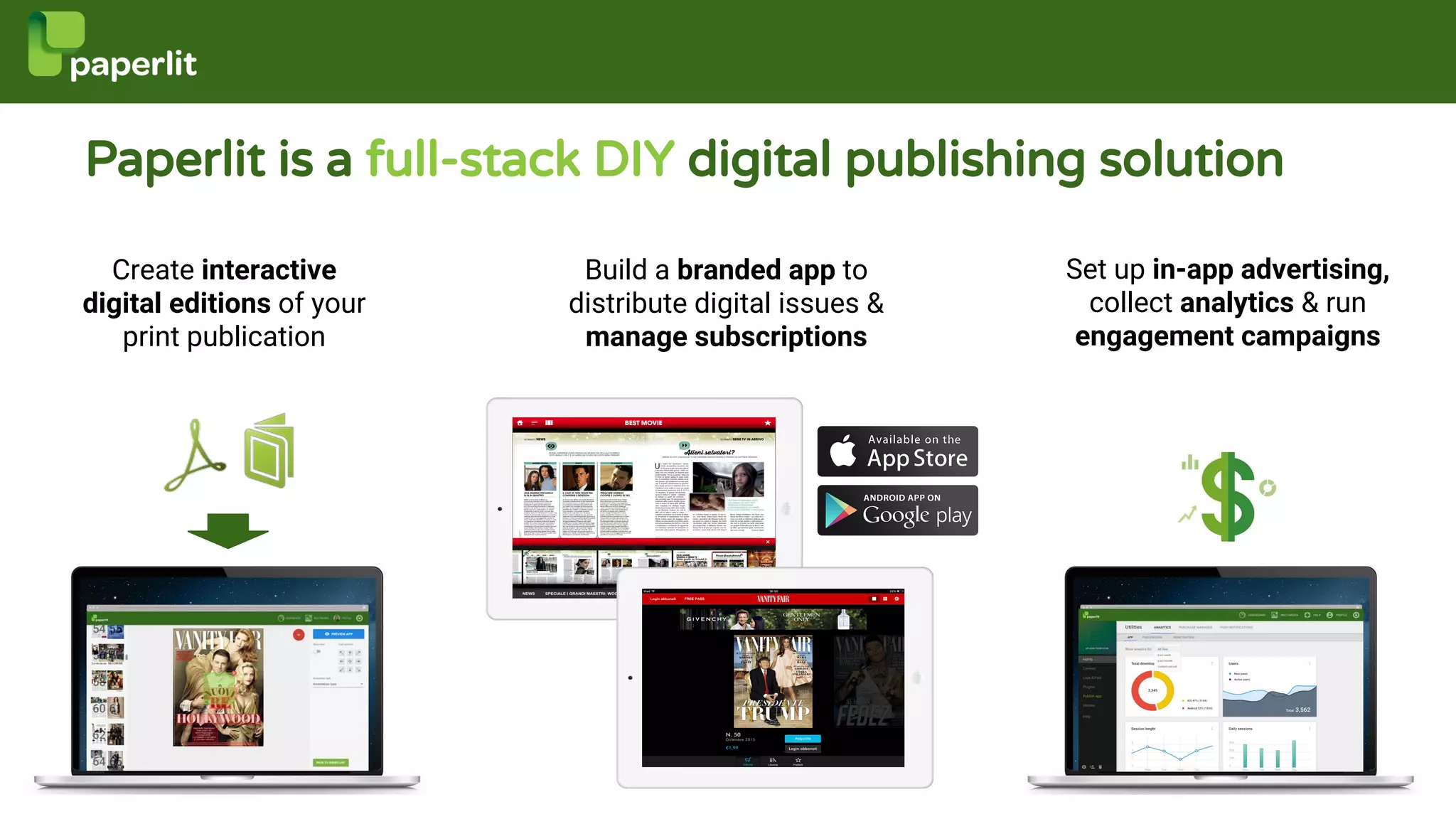 Paperlit is a full-stack DIY digital publishing solution
Create interactive
digital editions of your
print publication
Build a branded app to
distribute digital issues &
manage subscriptions
Set up in-app advertising,
collect analytics & run
engagement campaigns
 