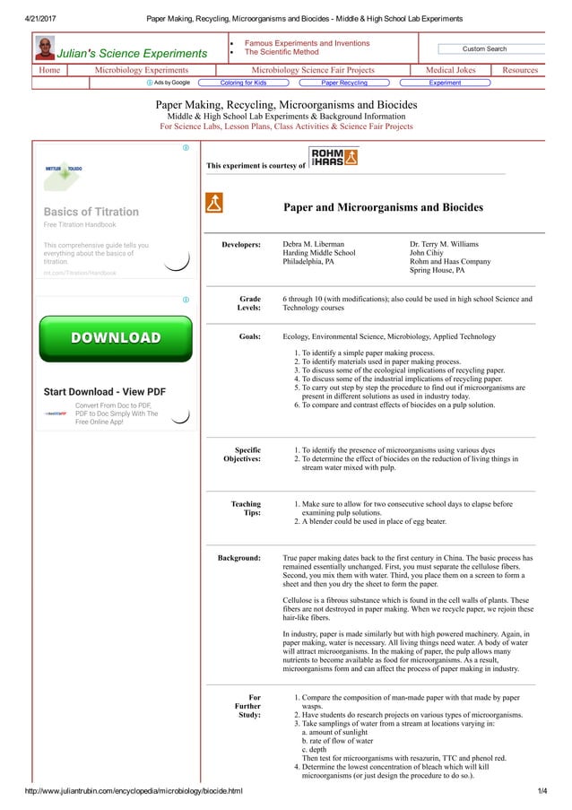 Paper making, recycling, and biocides middle & high school lab experiments PDF