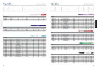 TARIFA DE PRECIOS 2011                                                                                                     TARIFA DE PRECIOS 2011




                    Referencia Bulk   Familia                 Color                 Modo de Escritura   Punto    Color tinta   PVP SIN IVA   Referencia Bulk   Familia                 Color                   Modo de Escritura   Punto    Color tinta   PVP SIN IVA




                    STICK 2020                                                                                                                VERGO
                         S0680020     Stick 2020               Negro                     Boligrafo        F         Negro         0.21 €        S0859570        Vergo      Semitransparente Azul Marino             Boligrafo       M          Negro         0.46 €
                         S0680040     Stick 2020                Azul                     Boligrafo        F         Negro         0.21 €        S0859600        Vergo          Semitransparente Verde               Boligrafo       M          Negro         0.46 €
                         S0680050     Stick 2020               Verde                     Boligrafo        F         Negro         0.21 €        S0859610        Vergo    Semitransparente Azul Marino Pálido        Boligrafo       M          Negro         0.46 €
                         S0680030     Stick 2020                Rojo                     Boligrafo        F         Negro         0.21 €        S0859620        Vergo        Semitransparente Naranja               Boligrafo       M          Negro         0.46 €
                                                                                                                                                S0859590        Vergo        Semitransparente Púrpura               Boligrafo       M          Negro         0.46 €




                                                                                                                                                                                                                                                                           TARIFA DE PRECIOS
TARIFA DE PRECIOS




                                                                                                                                                S0859580        Vergo          Semitransparente Rojo                Boligrafo       M          Negro         0.46 €
                                                                                                                                                S0910780        Vergo               Blanco/Negro                    Boligrafo       M          Negro         0.46 €
                                                                                                                                                S0910790        Vergo            Blanco/Azul Marino                 Boligrafo       M          Negro         0.46 €
                                                                                                                                                S0910800        Vergo                Blanco/Rojo                    Boligrafo       M          Negro         0.46 €
                                                                                                                                                S0910810        Vergo               Blanco/Verde                    Boligrafo       M          Negro         0.46 €
                                                                                                                                                S0859630        Vergo      Semitransparente Azul Marino             Tinta Gel       M          Negro         0.72 €
                                                                                                                                                S0859660        Vergo          Semitransparente Verde               Tinta Gel       M          Negro         0.72 €
                                                                                                                                                S0859670        Vergo    Semitransparente Azul Marino Pálido        Tinta Gel       M          Negro         0.72 €
                                                                                                                                                S0859680        Vergo        Semitransparente Naranja               Tinta Gel       M          Negro         0.72 €
                     CLICK                                                                                                                      S0859650        Vergo        Semitransparente Púrpura               Tinta Gel       M          Negro         0.72 €
                                                                                                                                                S0859640        Vergo          Semitransparente Rojo                Tinta Gel       M          Negro         0.72 €
                         S0767790       Click                 Negro                      Boligrafo       M          Negro         0.33 €
                         S0767800       Click               Azul Marino                  Boligrafo       M          Negro         0.33 €
                         S0767810       Click                  Rojo                      Boligrafo       M          Negro         0.33 €
                         S0767820       Click                Púrpura                     Boligrafo       M          Negro         0.33 €


                                                                                                                                              CHILL
                                                                                                                                                S0859840        Chill       Semitransparente Azul Marino            Boligrafo       M          Negro         0.50 €
                                                                                                                                                S0859850        Chill         Semitransparente Verde                Boligrafo       M          Negro         0.50 €
                                                                                                                                                S0859860        Chill        Semitransparente Naranja               Boligrafo       M          Negro         0.50 €
                                                                                                                                                S0859830        Chill         Semitransparente Rojo                 Boligrafo       M          Negro         0.50 €
                                                                                                                                                S0878400        Chill             Mate Azul Marino                  Boligrafo       M          Negro         0.50 €
                    SPORT RT                                                                                                                    S0878410        Chill               Mate Verde                      Boligrafo       M          Negro         0.50 €
                                                                                                                                                S0859880        Chill       Semitransparente Azul Marino            Tinta Gel       M          Negro         0.57 €
                         S0860000      Sport RT           Blanco/Azul Oscuro             Boligrafo       M          Negro         0.44 €        S0859890        Chill         Semitransparente Verde                Tinta Gel       M          Negro         0.57 €
                         S0860010      Sport RT            Blanco/Borgoña                Boligrafo       M          Negro         0.44 €        S0859900        Chill        Semitransparente Naranja               Tinta Gel       M          Negro         0.57 €
                         S0860030      Sport RT              Blanco/Negro                Boligrafo       M          Negro         0.44 €        S0859870        Chill         Semitransparente Rojo                 Tinta Gel       M          Negro         0.57 €
                         S0860040      Sport RT          Blanco/Verde Oscuro             Boligrafo       M          Negro         0.44 €
                         S0860050      Sport RT           Blanco/Azul Marino             Boligrafo       M          Negro         0.44 €
                         S0860060      Sport RT             Blanco/Púrpura               Boligrafo       M          Negro         0.44 €
                         S0860070      Sport RT               Blanco/Rojo                Boligrafo       M          Negro         0.44 €
                         S0860080      Sport RT             Blanco/Naranja               Boligrafo       M          Negro         0.44 €
                         S0860090      Sport RT            Blanco/Turquesa               Boligrafo       M          Negro         0.44 €      RUMOUR
                         S0860100      Sport RT         Blanco/Verde-Amarillo            Boligrafo       M          Negro         0.44 €
                         S0860110      Sport RT              Blanco/Verde                Boligrafo       M          Negro         0.44 €        S0708481       Rumour                Azul "Hielo"                   Boligrafo       M          Negro         0.51 €
                         S0860120      Sport RT       Blanco/Azul Marino Pálido          Boligrafo       M          Negro         0.44 €        S0708471       Rumour                Rojo "Hielo"                   Boligrafo       M          Negro         0.51 €
                         S0860140      Sport RT         Blanco/Púrpura Claro             Boligrafo       M          Negro         0.44 €        S0708441       Rumour               Verde "Hielo"                   Boligrafo       M          Negro         0.51 €
                         S0860150      Sport RT       Translúcido/Verde Oscuro           Boligrafo       M          Negro         0.44 €        S0708451       Rumour              Morado "Hielo"                   Boligrafo       M          Negro         0.51 €
                         S0860160      Sport RT        Translúcido/Azul Oscuro           Boligrafo       M          Negro         0.44 €        S0708461       Rumour              Naranja "Hielo"                  Boligrafo       M          Negro         0.51 €
                         S0860180      Sport RT          Translúcido/Púrpura             Boligrafo       M          Negro         0.44 €        S0708491       Rumour             Turquesa "Hielo"                  Boligrafo       M          Negro         0.51 €
                         S0860190      Sport RT        Translúcido/Azul Marino           Boligrafo       M          Negro         0.44 €
                         S0860200      Sport RT         Translúcido/Burgundy             Boligrafo       M          Negro         0.44 €
                         S0860220      Sport RT           Translúcido/Negro              Boligrafo       M          Negro         0.44 €
                         S0860230      Sport RT       Translúcido/Verde Oscuro           Boligrafo       M          Negro         0.44 €
                         S0860240      Sport RT    Translúcido/Azul Marino Pálido        Boligrafo       M          Negro         0.44 €
                         S0860250      Sport RT          Translúcido/Púrpura             Boligrafo       M          Negro         0.44 €
                         S0860260      Sport RT            Translúcido/Rojo              Boligrafo       M          Negro         0.44 €
                         S0860270      Sport RT          Translúcido/Naranja             Boligrafo       M          Negro         0.44 €      IMAGE
                         S0860280      Sport RT         Translúcido/Turquesa             Boligrafo       M          Negro         0.44 €
                         S0860290      Sport RT      Translúcido/Verde-Amarillo          Boligrafo       M          Negro         0.44 €        S0708510        Image              Azul Translúcido                 Boligrafo       M          Negro         0.56 €
                                                                                                                                                S0708520        Image              Rojo Translúcido                 Boligrafo       M          Negro         0.56 €
                                                                                                                                                S0708530        Image            Naranja Translúcido                Boligrafo       M          Negro         0.56 €
                                                                                                                                                S0708540        Image             Verde Translúcido                 Boligrafo       M          Negro         0.56 €
                                                                                                                                                S0708550        Image           Turquesa 'Translúcido               Boligrafo       M          Negro         0.56 €
                                                                                                                                                S0859960        Image            Rosado Translúcido                 Boligrafo       M          Negro         0.56 €
                                                                                                                                                S0708500        Image               Blanco/ Negro                   Boligrafo       M          Negro         0.56 €
                                                                                                                                                S0859970        Image              Blanco/Púrpura                   Boligrafo       M          Negro         0.56 €
                                                                                                                                                S0859980        Image            Blanco/Azul Marino                 Boligrafo       M          Negro         0.56 €
                                                                                                                                                S0859990        Image                Blanco/Rojo                    Boligrafo       M          Negro         0.56 €




                    32                                                                                                                                                                                                                                                33
 
