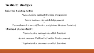 Physicochemical treatment (Chemical precipitation)
+
Aerobic treatment (Activated sludge process)
+
Physicochemical treatment (Chemical precipitation/ Air-added floatation)
Physicochemical treatment (Air-added floatation)
+
Aerobic treatment (Fluidized bed biofilm filtration process)
+
Physicochemical treatment (Air-added floatation)
Immersion & cooking facility:
Cleaning & bleaching facility:
Treatment strategies
 