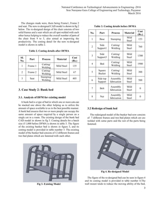 National Conference on Technological Advancements in Engineering -2016
Sree Narayana Guru College of Engineering and Technology, Payyanur
March 2016
3
The changes made were, them being Frame1, Frame 2
and seat. The new re-designed CAD model is shown in fig 2
below. The re-designed design of the chair consists of two
solid frames and a seat which are all spot welded with each
other hence helping to reduce the overall number of parts of
the chair from 9 to 3, also aimed at improving the
productivity. The costing detail for the new re-designed
model is shown in table 2.
Table 2. Costing details after DFMA
SL
No.
Part Process Material
Cost
(Rs.)
1 Frame 1
Cutting/
Welding
Mild Steel 135
2 Frame 2
Cutting/
Welding
Mild Steel 67
3 Seat
Stamping/
Welding
Mild Steel 405
3. Case Study 2: Bunk bed
3.1. Analysis of DFM for existing model
A bunk bed is a type of bed in which one or more cots can
be stacked one above the other helping us to utilize the
amount of space available to us in the best possible manner.
A bunk bed ensures that two or more people can occupy the
same amount of space required by a single person on a
single cot in a room. The existing design of the bunk bed
CAD model in shown in fig 3. Costing details for a batch
size if 1,000 before DFMA is shown in table 3. The figure
of the existing bunker bed is shown in figure 3, and its
costing model is provided in table number 3. The existing
model of the bunker bed consists of 12 different frames and
two bed plates which are fastened with each other.
Fig 3. Existing Model
Table 3. Costing details before DFMA
No. Part Process Material
Cost
(Rs.)
1 Base Stamping
Mild
Steel
153
2
Side
Support1
Cutting/
Welding
Mild
Steel
760
3
Side
Support3
Cutting/
Welding
Mild
Steel
1300
4 Bed
Cutting/
Welding
Mild
Steel
1900
5
Square
Bucket
Cutting/
Welding
Mild
Steel
300
6
Side top
Support
Assembly
fabrication
Mild
Steel
500
7 Bolt
Assembly
fabrication
Mild
Steel
0
8 Nut
Assembly
fabrication
Mild
Steel
0
3.2 Redesign of bunk bed
The redesigned model of the bunker bed now consists
of 7 different frames and two bed plates which are arc
welded with some parts and the rest of the parts being
fastened.
Fig 4. Re-designed Model
The figure of the re-designed bed can be seen in figure 4
and its costing model is provided in table number 4.The
wall mount tends to reduce the moving ability of the bed,
 
