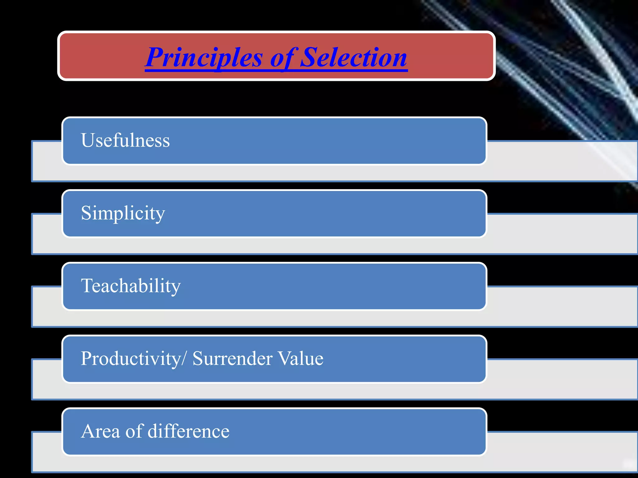 Usefulness
Simplicity
Teachability
Productivity/ Surrender Value
Area of difference
Principles of Selection
 