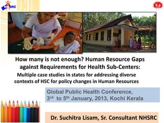 Dr. Suchitra Lisam, Sr. Consultant NHSRC
Multiple case studies in states for addressing diverse
contexts of HSC for policy changes in Human Resources
How many is not enough? Human Resource Gaps
against Requirements for Health Sub-Centers:
Global Public Health Conference,
3rd to 5th January, 2013, Kochi Kerala
 