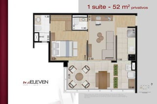 Planta do apto. tipo - final 07 (52,76 m2
privativos) - do 10º ao 18º andar. Com
sugestão de decoração. Os móveis, eletrodomésticos, eletrônicos e elementos de
decoração não fazem parte do contrato de compra e venda da unidade. Medidas de
face a face.
1 suíte - 52 m2
privativos
 