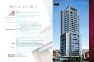Endereço:
Realização:
Área do terreno:
Número de torres:
Número de elevadores:
Número de pavimentos comerciais:
Número de pavimentos residenciais:
Unidades por andar comerciais:
Unidades por andar residenciais:
Áreas privativas comerciais:
Áreas privativas residenciais:
Vagas:
Gerador:
Ar-Condicionado:
Projeto de arquitetura:
Projeto de decoração:
Projeto de paisagismo:
R. Pequetita, 111
Helbor Empreendimentos S. A. e Toledo Ferrari Construtora e Incorporadora Ltda.
2.000 m2
01
8 elevadores, sendo 3 elevadores para uso comercial, 3 elevadores para uso residencial
e 2 elevadores de baldeação que atende os subsolos, mezanino e térreo
5 andares simples e 3 andares duplex
10 andares simples e 1 cobertura duplex
1º ao 5º andar: 14 unidades simples
6º ao 8º andar: 6 unidades duplex
9º ao 18º andar: 8 unidades simples
19º andar: 8 unidades, sendo 4 simples e 4 duplex
1º pavimento: Final 01 – 39,91 m², Final 02 – 32,97 m², Finais 03 e 13 – 63,37 m²,
Finais 04 e 12 – 62,21 m², Finais 05 e 11 – 64,15 m², Finais 06 e 10 – 89,17 m²,
Final 07 – 39,21 m², Final 08 – 38,15 m², Final 09 – 38,74 m², Final 14 – 30,75 m²
2º ao 5º pavimento: Final 01 – 39,82 m², Final 02 – 32,97 m², Finais 03, 06, 10 e 13 – 37,14 m²,
Finais 04, 05, 11 e 12 – 35,57 m², Final 07 – 33,07 m², Final 08 – 32,98 m²,
Finais 09 e 14 – 32,95 m²
6º ao 8º pavimento: Finais 01, 02, 04 e 05 – 89,12 m², Final 03 – 121,58 m², Final 06 – 121,52 m²
9º pavimento: Final 01 – 76,71 m², Finais 02 e 07 – 89,61 m², Final 03 – 52,83 m²,
Final 06 – 52,66 m², Final 08 – 76,66 m²
9º ao 18º pavimento: Finais 04 e 05 – 52,09 m²
10º ao 18º pavimento: Final 01 – 54,89 m², Finais 02 e 07 – 52,76 m²,
Finais 03 e 06 – 52,83 m², Final 08 – 54,85 m²
19º pavimento: Final 01 – 78,23 m², Finais 02 e 07 – 77,74 m², Finais 03 e 06 – 52,95 m²,
Finais 04 e 05 – 52,09 m², Final 08 – 78,19 m²
Comercial:
Direito de uso de 1 vaga (unidades do 2° ao 5° andar e unidades 101, 102, 107, 108, 109 e 114);
Direito de uso de 2 vagas (unidades 103, 104, 105, 110, 111, 112 e 113)
Direito de uso de 3 vagas (unidades do 6° ao 8° andar e unidade 106)
Residencial:
Direito de uso de 01 vaga (unidades do 10º ao 18º andar e unidades 903, 904, 905, 906, 1903, 1904,
1905, 1906)
Direito de uso de 02 vagas (unidades 901, 902, 907, 908, 1901, 1902, 1907, 1908)
Será instalado um grupo gerador, com entrada automática na falta de energia elétrica fornecida pela
Concessionária, para atendimento de 01 (um) elevador (Sistema DAFFE – Dispositivo Automático para
Funcionamento com Força de Emergência); pontos de balizamento de iluminação nas áreas comuns;
bombas de recalque de água, esgoto e águas pluviais, central de interfones e recepção.
Comercial:
Será executada a infraestrutura (ponto elétrico e dreno) para instalação de aparelho de ar-condicionado
tipo Split nas salas comerciais (o equipamento ficará a cargo do proprietário). A rede frigorígena não será
entregue.
Residencial:
Será executada a infraestrutura (ponto elétrico e dreno) para instalação de aparelho de ar-condicionado
tipo Split nas unidades residenciais (suítes e dormitórios). O equipamento ficará a cargo do proprietário.
A rede frigorígena não será entregue.
Jonas Birger Arquitetura
Sandra Pini Arquitetura e Interiores
Benedito Abbud Arquitetura Paisagística
ficha técnica
fachadaperspectiva artística da
projeto arquitetônico
 