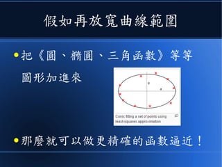 假如再放寬曲線範圍
● 把《圓、橢圓、三角函數》等等
圖形加進來
● 那麼就可以做更精確的函數逼近！
 