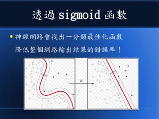 透過 sigmoid 函數
● 神經網路會找出一分類最佳化函數
降低整個網路輸出結果的錯誤率！
 