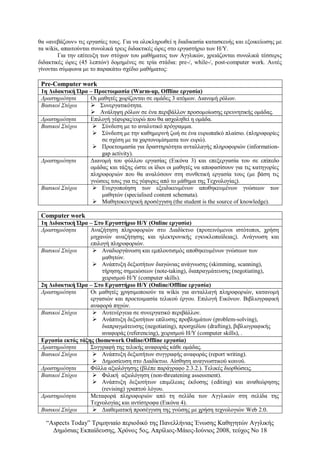 “Αspects Today” Τριμηνιαίο περιοδικό της Πανελλήνιας Ένωσης Καθηγητών Αγγλικής
Δημόσιας Εκπαίδευσης, Χρόνος 5ος, Απρίλιος-Μάιος-Ιούνιος 2008, τεύχος Νο 18
θα «ανεβάζουν» τις εργασίες τους. Για να ολοκληρωθεί η διαδικασία κατασκευής και εξοικείωσης με
τα wikis, απαιτούνται συνολικά τρεις διδακτικές ώρες στο εργαστήριο των Η/Υ.
Για την επίτευξη των στόχων του μαθήματος των Αγγλικών, χρειάζονται συνολικά τέσσερις
διδακτικές ώρες (45 λεπτών) δομημένες σε τρία στάδια: pre-/, while-/, post-computer work. Αυτές
γίνονται σύμφωνα με το παρακάτω σχέδιο μαθήματος:
Pre-Computer work
1η Διδακτική Ώρα – Προετοιμασία (Warm-up, Offline εργασία)
Δραστηριότητα Οι μαθητές χωρίζονται σε ομάδες 3 ατόμων. Διανομή ρόλων.
Βασικοί Στόχοι  Συνεργατικότητα.
 Ανάληψη ρόλων σε ένα περιβάλλον προσομοίωσης ερευνητικής ομάδας.
Δραστηριότητα Επιλογή γέφυρας/ευρώ που θα ασχοληθεί η ομάδα.
Βασικοί Στόχοι  Σύνδεση με το αναλυτικό πρόγραμμα.
 Σύνδεση με την καθημερινή ζωή σε ένα ευρωπαϊκό πλαίσιο. (πληροφορίες
σε σχέση με τα χαρτονομίσματα των ευρώ).
 Προετοιμασία για δραστηριότητα ανταλλαγής πληροφοριών (information-
gap activity).
Δραστηριότητα Διανομή του φύλλου εργασίας (Εικόνα 3) και επεξεργασία του σε επίπεδο
ομάδας και τάξης ώστε οι ίδιοι οι μαθητές να αποφασίσουν για τις κατηγορίες
πληροφοριών που θα αναλύσουν στη συνθετική εργασία τους (με βάση τις
γνώσεις τους για τις γέφυρες από το μάθημα της Τεχνολογίας).
Βασικοί Στόχοι  Ενεργοποίηση των εξειδικευμένων αποθηκευμένων γνώσεων των
μαθητών (specialised content schemata).
 Μαθητοκεντρική προσέγγιση (the student is the source of knowledge).
Computer work
1η Διδακτική Ώρα – Στο Εργαστήριο Η/Υ (Online εργασία)
Δραστηριότητα Αναζήτηση πληροφοριών στο Διαδίκτυο (προτεινόμενοι ιστότοποι, χρήση
μηχανών αναζήτησης και ηλεκτρονικής εγκυκλοπαίδειας). Ανάγνωση και
επιλογή πληροφοριών.
Βασικοί Στόχοι  Αναδιοργάνωση και εμπλουτισμός αποθηκευμένων γνώσεων των
μαθητών.
 Ανάπτυξη δεξιοτήτων διαγώνιας ανάγνωσης (skimming, scanning),
τήρησης σημειώσεων (note-taking), διαπραγμάτευσης (negotiating),
χειρισμού Η/Υ (computer skills).
2η Διδακτική Ώρα – Στο Εργαστήριο Η/Υ (Online/Offline εργασία)
Δραστηριότητα Οι μαθητές χρησιμοποιούν τα wikis για ανταλλαγή πληροφοριών, κατανομή
εργασιών και προετοιμασία τελικού έργου. Επιλογή Εικόνων. Βιβλιογραφική
αναφορά πηγών.
Βασικοί Στόχοι  Αυτενέργεια σε συνεργατικό περιβάλλον.
 Ανάπτυξη δεξιοτήτων επίλυσης προβλημάτων (problem-solving),
διαπραγμάτευσης (negotiating), προσχεδίου (drafting), βιβλιογραφικής
αναφοράς (referencing), χειρισμού Η/Υ (computer skills), .
Εργασία εκτός τάξης (homework Online/Offline εργασία)
Δραστηριότητα Συγγραφή της τελικής αναφοράς κάθε ομάδας.
Βασικοί Στόχοι  Ανάπτυξη δεξιοτήτων συγγραφής αναφοράς (report writing).
 Δημοσίευση στο Διαδίκτυο. Αίσθηση αναγνωστικού κοινού.
Δραστηριότητα Φύλλα αξιολόγησης (βλέπε παράγραφο 2.3.2.). Τελικές διορθώσεις.
Βασικοί Στόχοι  Φιλική αξιολόγηση (non-threatening assessment).
 Ανάπτυξη δεξιοτήτων επιμέλειας έκδοσης (editing) και αναθεώρησης
(revising) γραπτού λόγου.
Δραστηριότητα Μεταφορά πληροφοριών από τη σελίδα των Αγγλικών στη σελίδα της
Τεχνολογίας και αντίστροφα (Εικόνα 4).
Βασικοί Στόχοι  Διαθεματική προσέγγιση της γνώσης με χρήση τεχνολογιών Web 2.0.
 