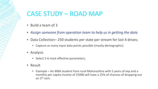 CASE STUDY – ROAD MAP 
▪Build a team of 3 
▪Assign someone from operation team to help us in getting the data 
▪Data Collection– 250 students per state per stream for last 4 drives; 
▪Capture as many input data points possible (mostly demographic) 
▪Analysis 
▪Select 5-6 most effective parameters; 
▪Result 
▪Example – An MBA student from rural Maharashtra with 5 years of exp and a monthly per capita income of 25000 will have a 25% of chances of dropping out on 3rd sem.  