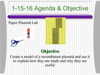1-15-16 Agenda & Objective
Paper Plasmid Lab
ObjectiveObjective
Create a model of a recombinant plasmid and use it
to explain how they are made and why they are
useful
 