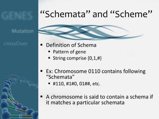 “Schemata” and “Scheme”


 Definition of Schema
    Pattern of gene
    String comprise {0,1,#}

 Ex: Chromosome 0110 contains following
  “Schemata”
    #110, #1#0, 01##, etc.

 A chromosome is said to contain a schema if
  it matches a particular schemata
 