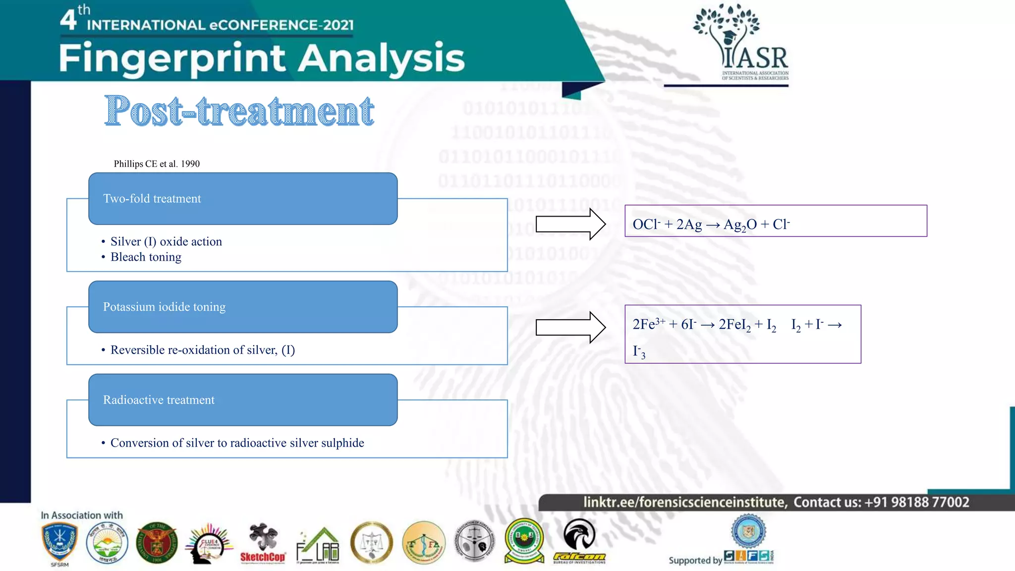 • Silver (I) oxide action
• Bleach toning
Two-fold treatment
• Reversible re-oxidation of silver, (I)
Potassium iodide toning
• Conversion of silver to radioactive silver sulphide
Radioactive treatment
OCl- + 2Ag → Ag2O + Cl-
2Fe3+ + 6I- → 2FeI2 + I2 I2 + I- →
I-
3
Phillips CE et al. 1990
 