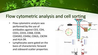 Flow cytometric analysis and cell sorting
• Flow cytometric analysis was
performed by the use of
antibodies against CD3, CD4,
CD31, CD33, CD68, CD38,
CD45RO, CD49d, CD62L, CXCR4
and HLA-DR.
• Lymphocytes were gated on the
basis of characteristic forward
and sideward scatter properties
 