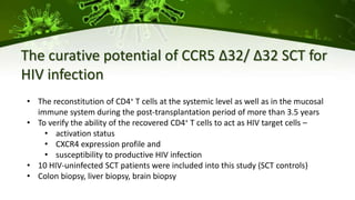 The curative potential of CCR5 ∆32/ ∆32 SCT for
HIV infection
• The reconstitution of CD4+ T cells at the systemic level as well as in the mucosal
immune system during the post-transplantation period of more than 3.5 years
• To verify the ability of the recovered CD4+ T cells to act as HIV target cells –
• activation status
• CXCR4 expression profile and
• susceptibility to productive HIV infection
• 10 HIV-uninfected SCT patients were included into this study (SCT controls)
• Colon biopsy, liver biopsy, brain biopsy
 