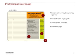 Professional Notebooks


                                     1. Basic meeting notes, dates, names,
                             1          agendas
                                             d

                                     2. In-depth notes, key subjects

                                     3. Action points, next steps

                                     4. Numbered pages



                         3

                   2


                                 4




                                                                         17
 