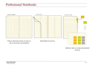 Professional Notebooks




 Project-planning section to keep an   Detachable to-do lists
   eye on priorities and deadlines

                                                                Adhesive tabs to create personalized
                                                                              sections




                                                                                             19
 