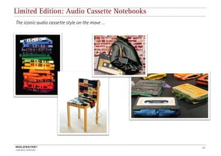 Limited Edition: Audio Cassette Notebooks
The iconic audio cassette style on the move …




                                                21
 