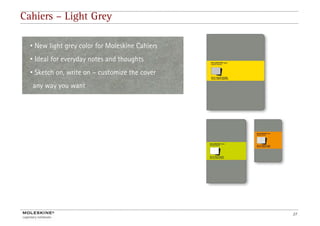 Cahiers – Light Grey

  • New light grey color for Moleskine Cahiers
  • Id l for everyday notes and th ht
    Ideal f       d     t     d thoughts
  • Sketch on, write on – customize the cover
  any way you want




                                                 27
 