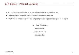 Gift Boxes – Product Concept


 • A captivating combination of products in a distinctive and unique set
 • The box itself is an extra, useful item that becomes a keepsake
 • The Gift Box collection provides a range of products especially designed to be a gift


                                     2012 New Gift Boxes
                                          Peanuts Box
                                      Le Petit Prince Box
                                         Messages Box




                                                                                           31
 