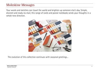 Moleskine Messages
Your words and sketches can travel the world and brighten up someone else’s day. Simple,
discreet and ready-to-mail, this range of cards and postal notebooks sends your thoughts in a
whole new direction.




 The evolution of this collection continues with seasonal greetings…


                                                                                                4
 