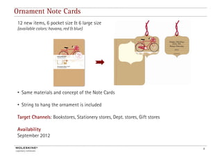 Ornament Note Cards
12 new items, 6 pocket size & 6 large size
(available colors: havana, red & blue)




• Same materials and concept of the Note Cards

• String to hang the ornament is included

Target Channels: Bookstores Stationery stores, Dept. stores, Gift stores
                 Bookstores,           stores Dept stores

Availability
September 2012

                                                                           8
 