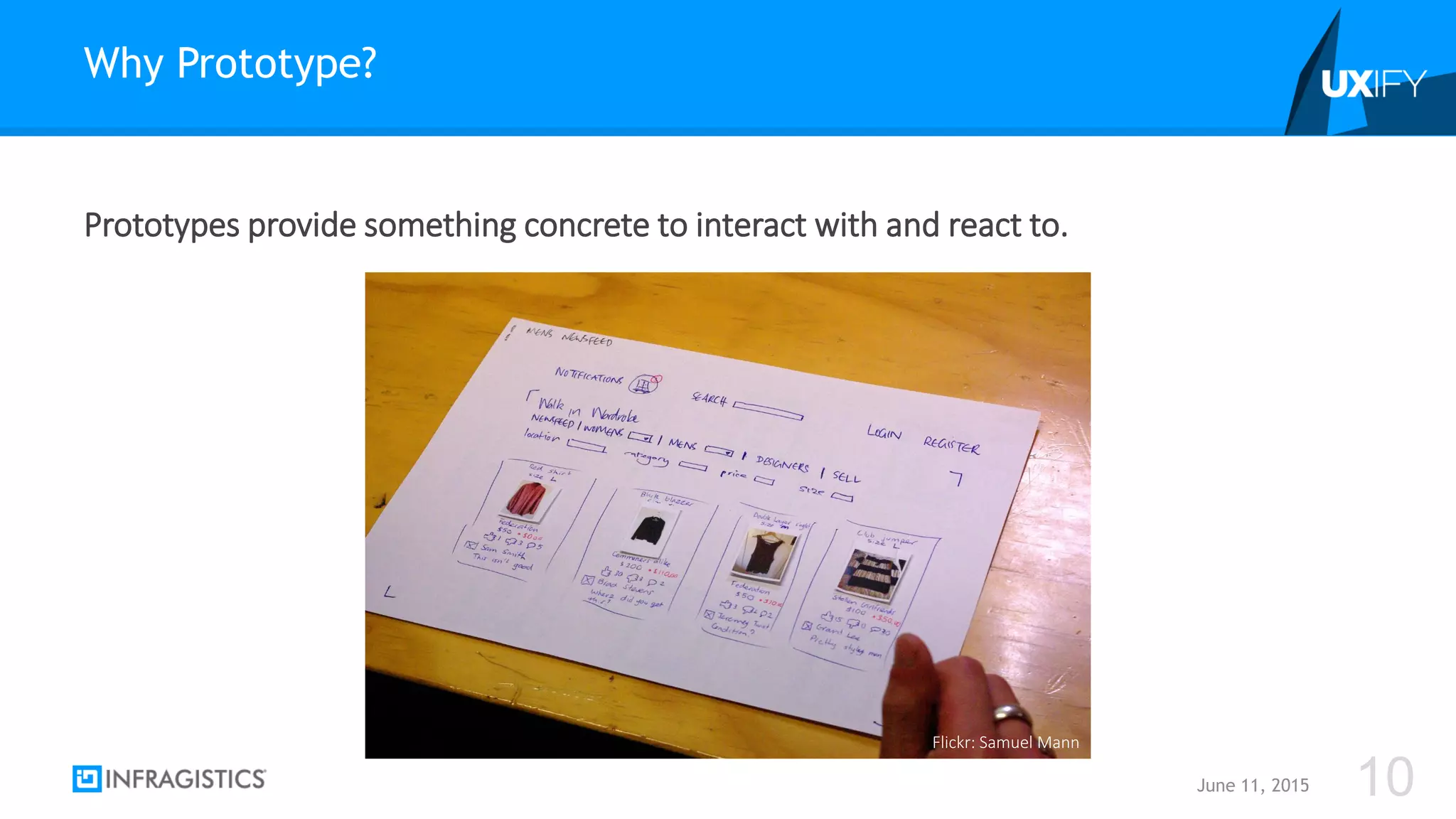 Prototypes provide something concrete to interact with and react to.
Why Prototype?
June 11, 2015 10
Flickr: Samuel Mann
 