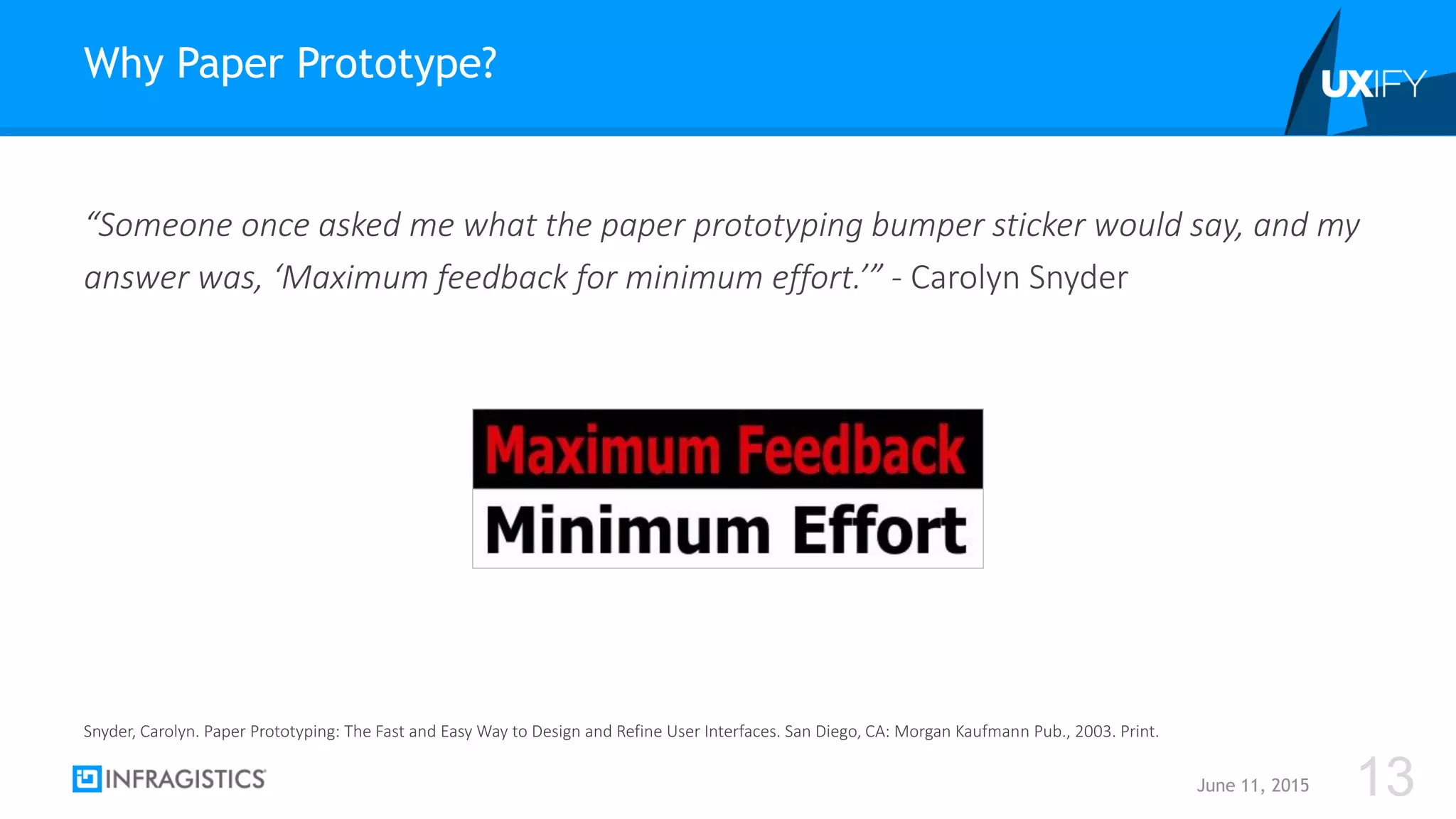 “Someone once asked me what the paper prototyping bumper sticker would say, and my
answer was, ‘Maximum feedback for minimum effort.’” - Carolyn Snyder
Why Paper Prototype?
June 11, 2015 13
Snyder, Carolyn. Paper Prototyping: The Fast and Easy Way to Design and Refine User Interfaces. San Diego, CA: Morgan Kaufmann Pub., 2003. Print.
 