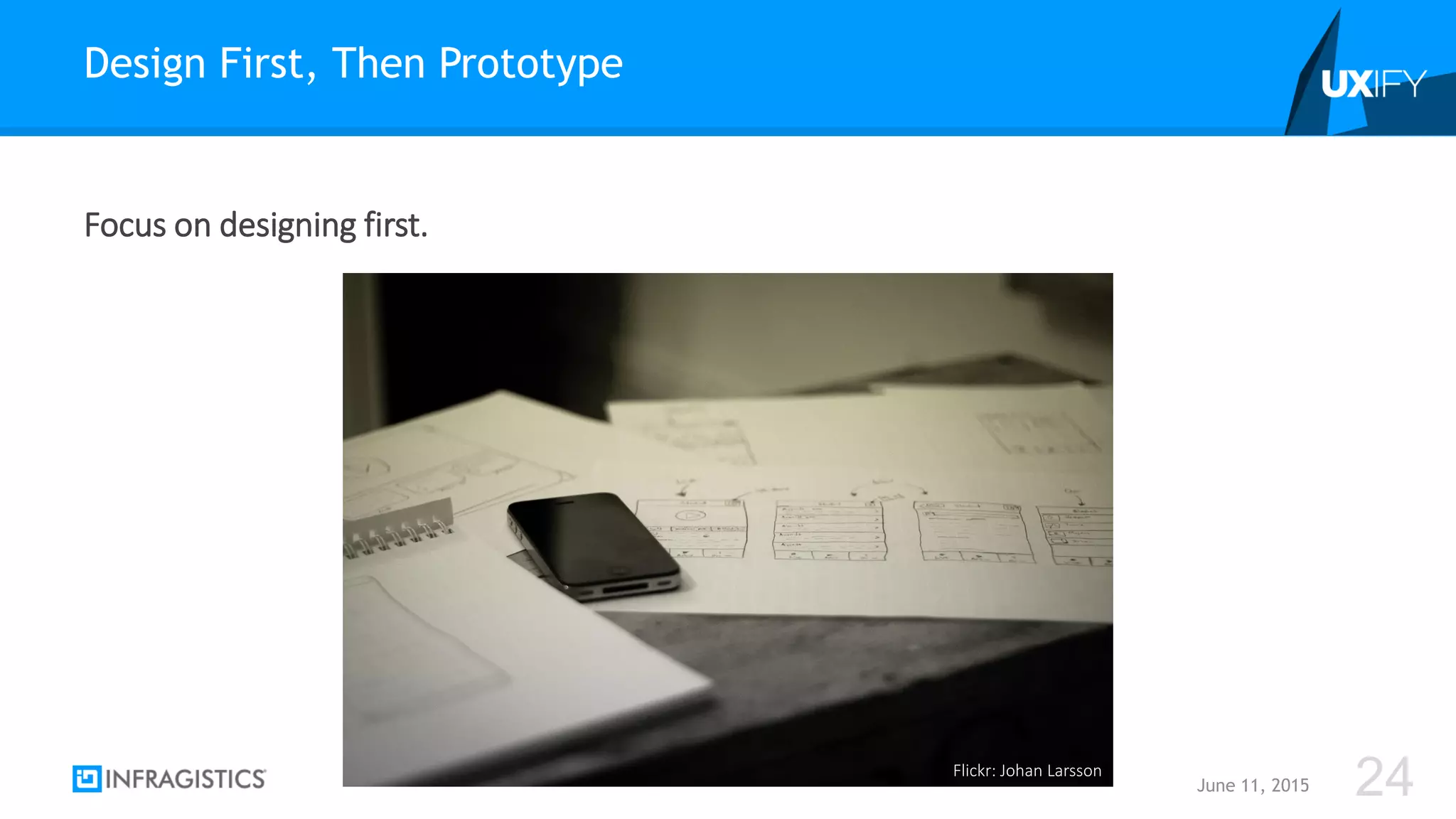 Focus on designing first.
Design First, Then Prototype
June 11, 2015 24Flickr: Johan Larsson
 