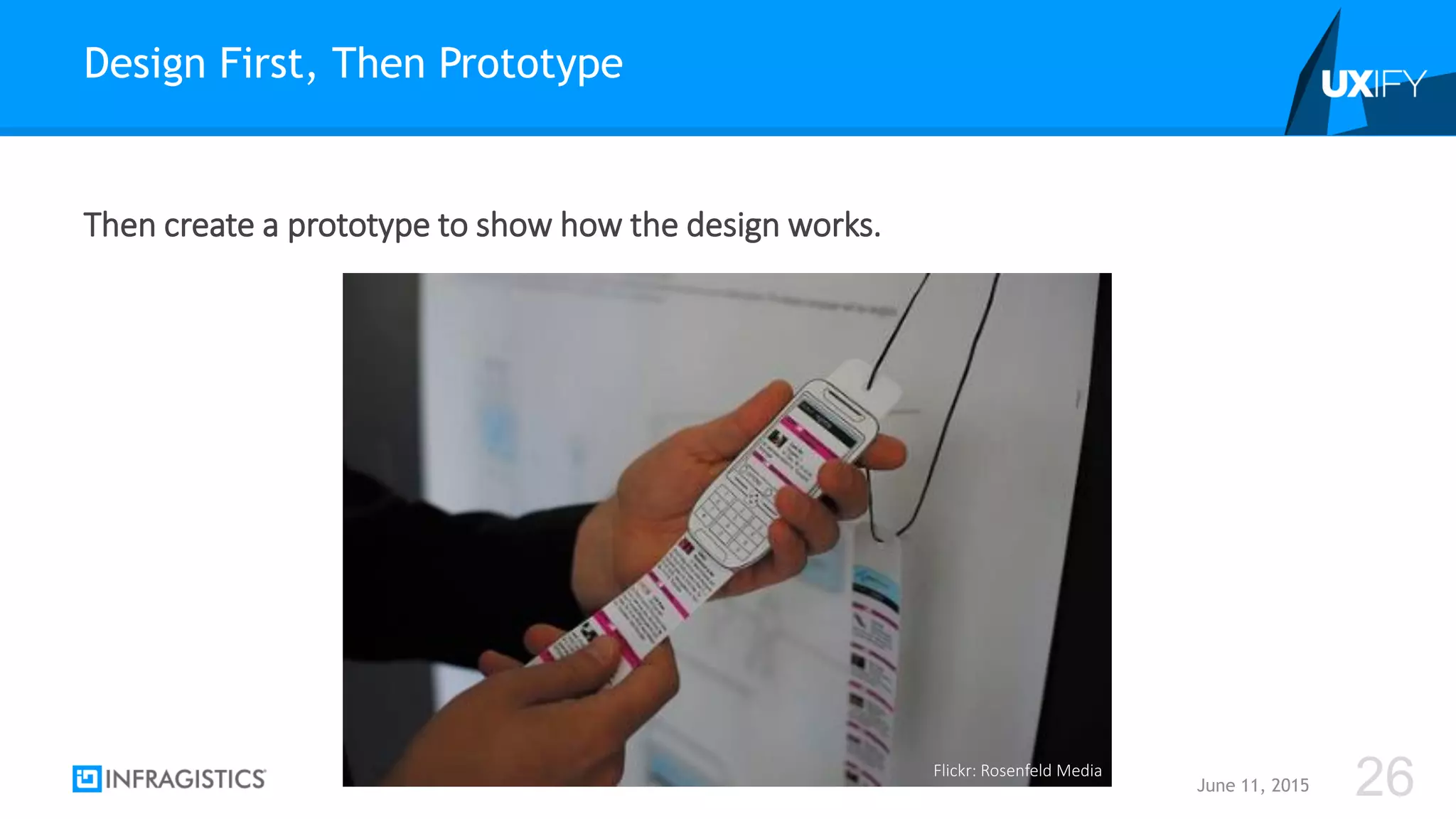 Then create a prototype to show how the design works.
Design First, Then Prototype
June 11, 2015 26Flickr: Rosenfeld Media
 