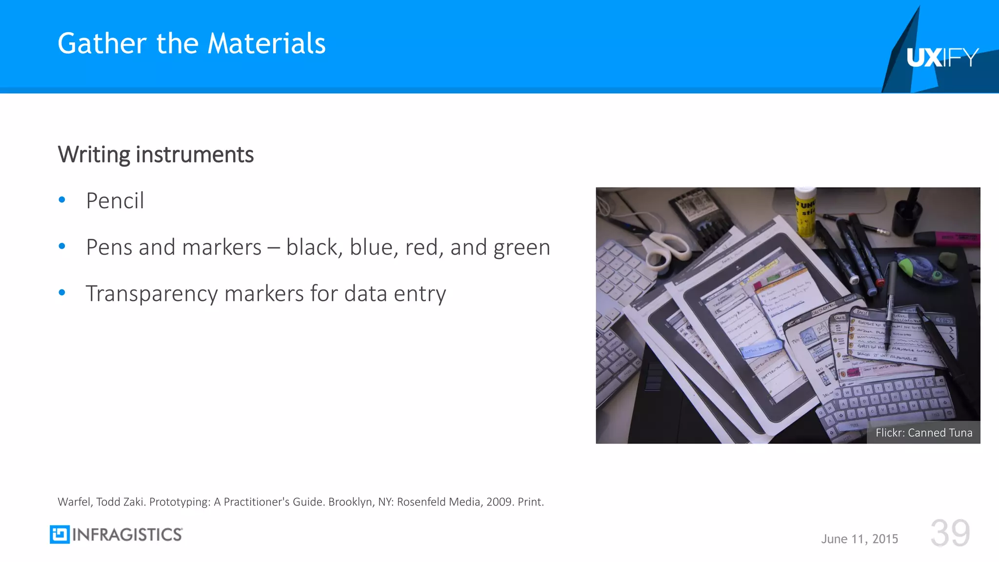 Writing instruments
• Pencil
• Pens and markers – black, blue, red, and green
• Transparency markers for data entry
Gather the Materials
June 11, 2015 39
Warfel, Todd Zaki. Prototyping: A Practitioner's Guide. Brooklyn, NY: Rosenfeld Media, 2009. Print.
Flickr: Canned Tuna
 