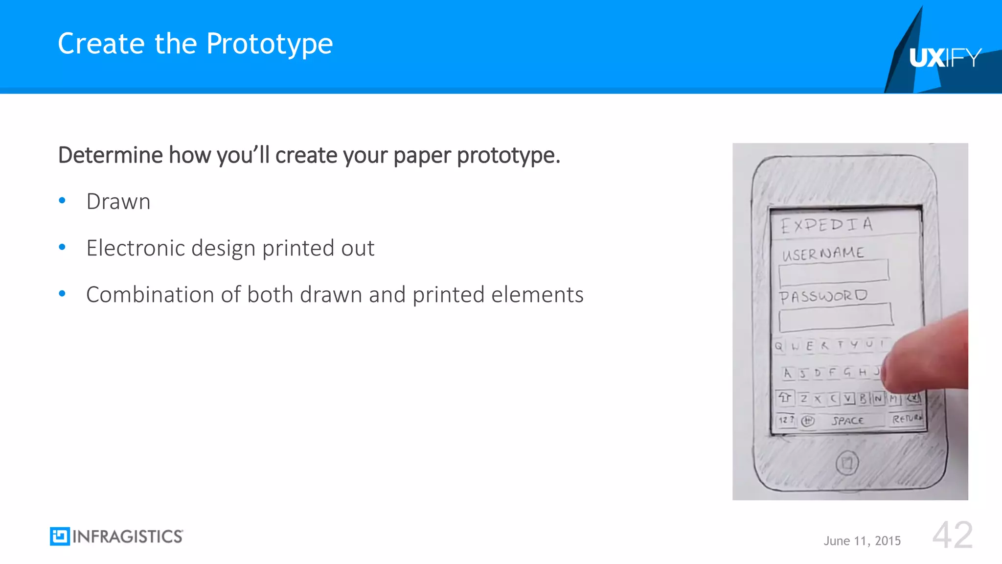 Determine how you’ll create your paper prototype.
• Drawn
• Electronic design printed out
• Combination of both drawn and printed elements
Create the Prototype
June 11, 2015 42
 
