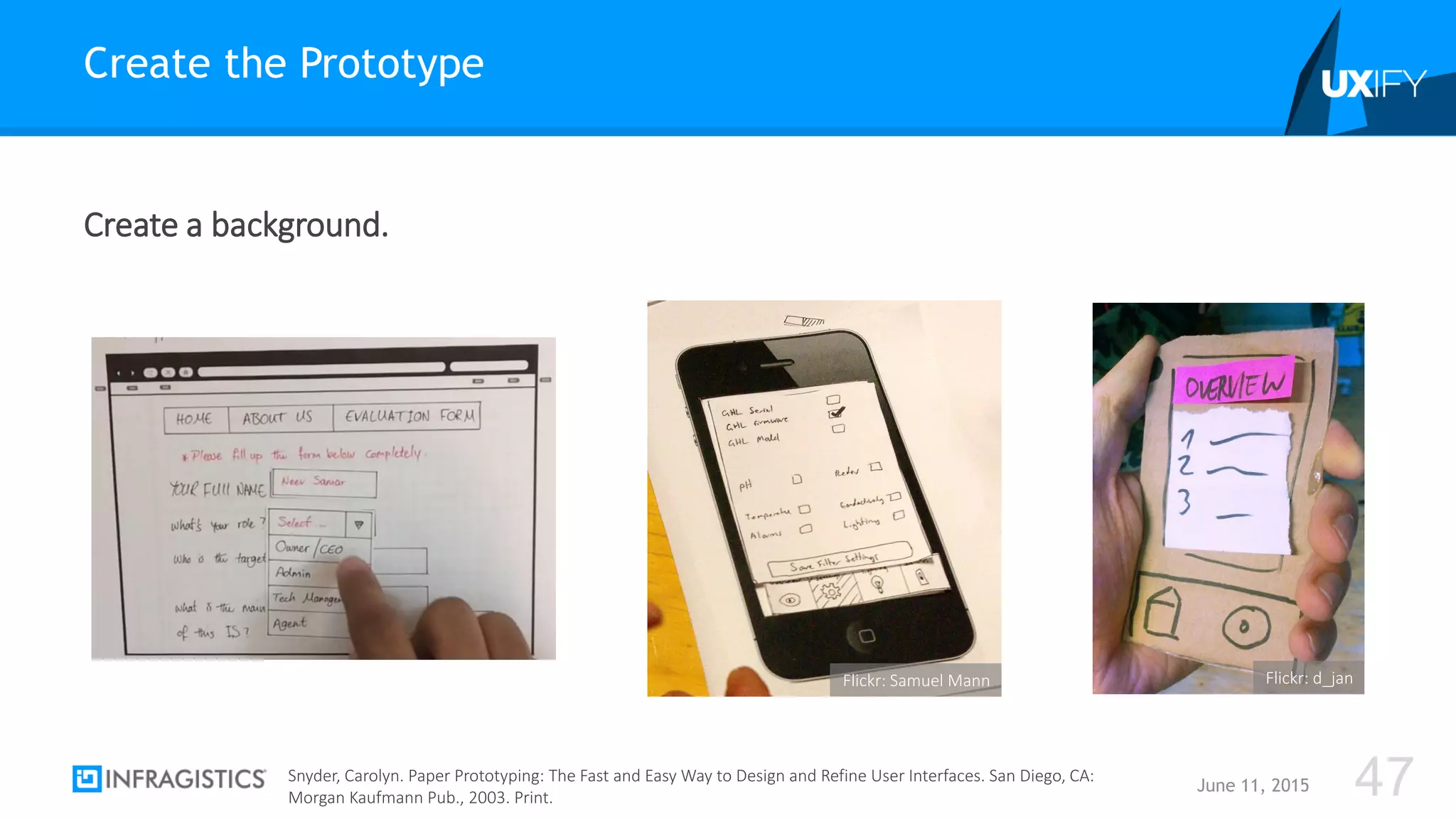 Create a background.
Create the Prototype
June 11, 2015 47Snyder, Carolyn. Paper Prototyping: The Fast and Easy Way to Design and Refine User Interfaces. San Diego, CA:
Morgan Kaufmann Pub., 2003. Print.
Flickr: Samuel Mann Flickr: d_jan
 