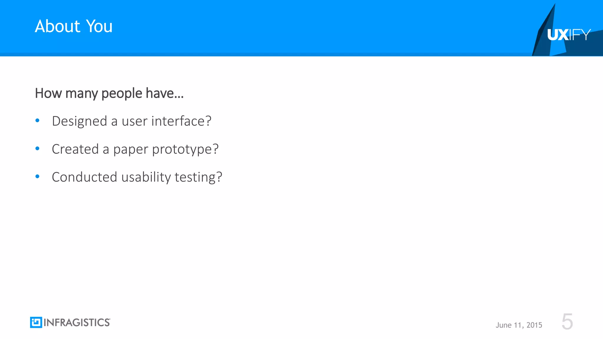 How many people have…
• Designed a user interface?
• Created a paper prototype?
• Conducted usability testing?
About You
June 11, 2015 5
 