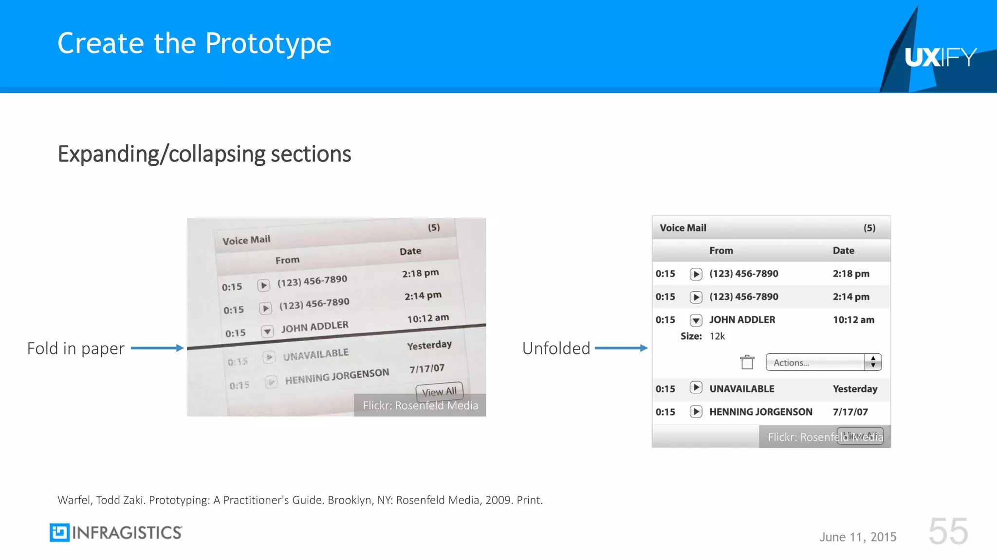 Expanding/collapsing sections
Create the Prototype
June 11, 2015 55
Warfel, Todd Zaki. Prototyping: A Practitioner's Guide. Brooklyn, NY: Rosenfeld Media, 2009. Print.
Flickr: Rosenfeld Media
Flickr: Rosenfeld Media
Fold in paper Unfolded
 